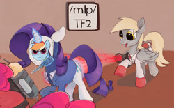 Size: 1500x927 | Tagged: safe, anonymous artist, derpy hooves, pinkie pie, rarity, pegasus, pony, unicorn, g4, /mlp/ tf2 general, crossover, disguise, imminent death, medic, medic (tf2), pyro (tf2), rarispy, spy, spy (tf2), team fortress 2