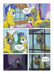 Size: 2904x4000 | Tagged: safe, artist:palibrik, oc, oc:wonder weather, alicorn, earth pony, pegasus, pony, unicorn, comic:securing a sentinel, alicorn oc, armor, broken, carousel boutique, comic, commissioner:bigonionbean, cutie mark, drunk, fusion, fusion:compass star, fusion:evening star, fusion:party favor, fusion:thunderlane, high res, horn, magic, male, mirror, ponyville, royal guard, royal guard armor, stallion, tail, window, wings, writer:bigonionbean