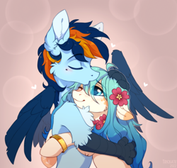 Size: 2266x2149 | Tagged: safe, artist:trickate, oc, oc only, oc:seascape, oc:skysail, earth pony, hippogriff, pony, chest fluff, flower, flower in hair, heart, heart eyes, high res, hug, kiss on the head, seasail, wingding eyes