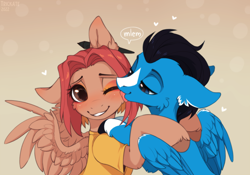 Size: 3000x2100 | Tagged: safe, artist:trickate, oc, oc only, oc:enduro elite, pegasus, pony, blushing, cheek fluff, female, floppy ears, high res, licking, male, mlem, one ear down, silly, straight, tongue out