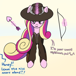 Size: 2000x2000 | Tagged: safe, artist:dafiltafish, princess cadance, alicorn, pony, g4, arrow, bow, cad bane, clothes, dialogue, hat, high res, holiday, implied shining armor, looking at you, magic, magic aura, solo, star wars, star wars: the book of boba fett, star wars:the book of boba fett, telekinesis, valentine's day