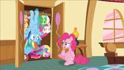 Size: 1919x1079 | Tagged: safe, screencap, gummy, pinkie pie, rainbow dash, earth pony, pegasus, pony, 28 pranks later, g4, closet, clothes, cute, dashabetes, duo, duo female, female, hanging, hanging upside down, laughing, party cannon, smiling, sugarcube corner, upside down