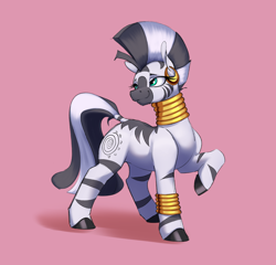 Size: 2694x2590 | Tagged: safe, artist:aquaticvibes, zecora, zebra, g4, cute, female, high res, pink background, raised hoof, simple background, smiling, solo, zecorable