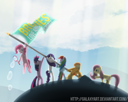 Size: 1280x1024 | Tagged: safe, artist:galaxyart, applejack, fluttershy, pinkie pie, rainbow dash, rarity, twilight sparkle, earth pony, pegasus, pony, unicorn, g4, 2012, bipedal, bubble wand, flag, flagpole, iwo jima, love and tolerate, mane six, pinkie being pinkie, raising the flag on iwo jima, unicorn twilight