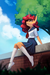 Size: 1476x2218 | Tagged: safe, artist:mrscroup, oc, unicorn, anthro, plantigrade anthro, clothes, missing shoes, partially undressed, sailor uniform, socks, solo, stocking feet, uniform