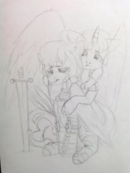 Size: 972x1296 | Tagged: safe, princess celestia, oc, oc:light knight, alicorn, pegasus, pony, g4, armor, canon x oc, clothes, crying, dress, duo, female, hug, knight, lightestia, male, pegasus oc, sad, straight, sword, traditional art, weapon