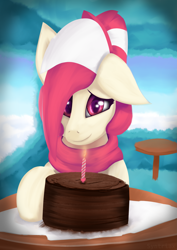 Size: 3307x4677 | Tagged: safe, artist:syntriax, oc, oc only, oc:candy rain, pegasus, pony, birthday, cake, clothes, female, flying, food, high res, mare, multicolored mane, multicolored tail, scarf, sky, solo, tail