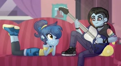 Size: 1890x1037 | Tagged: safe, artist:teonnakatztkgs, oc, oc only, equestria girls, g4, clothes, converse, duo, electric guitar, female, guitar, indoors, interspecies offspring, male, musical instrument, offspring, one eye closed, parent:discord, parent:rainbow dash, parent:soarin', parents:discodash, parents:soarindash, shoes, smiling, wink