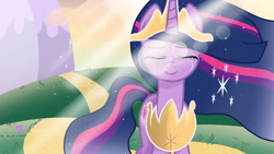 Size: 1280x720 | Tagged: safe, artist:sallyso, twilight sparkle, alicorn, pony, g4, the last problem, crying, female, jewelry, mare, older, older twilight, older twilight sparkle (alicorn), outdoors, peytral, princess twilight 2.0, sad smile, solo, tiara, twilight sparkle (alicorn)