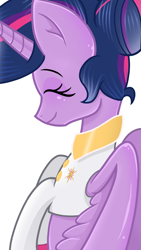 Size: 1080x1920 | Tagged: safe, artist:sallyso, twilight sparkle, alicorn, pony, g4, the last problem, alternate hairstyle, bust, clothes, eyelashes, female, mare, older, older twilight, older twilight sparkle (alicorn), peytral, princess twilight 2.0, simple background, smiling, solo, twilight sparkle (alicorn), white background, wing hole