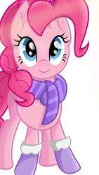 Size: 1080x1920 | Tagged: safe, artist:sallyso, pinkie pie, earth pony, pony, g4, clothes, eyelashes, female, gloves, mare, scarf, simple background, smiling, solo, white background