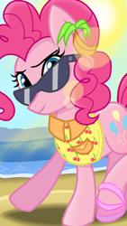 Size: 1080x1920 | Tagged: safe, artist:sallyso, pinkie pie, earth pony, pony, g4, beach, eyelashes, female, mare, outdoors, smiling, solo, sunglasses