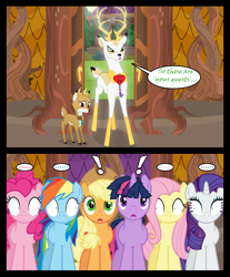 Size: 1280x1545 | Tagged: safe, artist:bigsnusnu, idw, applejack, bramble, fluttershy, king aspen, pinkie pie, rainbow dash, rarity, twilight sparkle, deer, earth pony, pegasus, pony, unicorn, comic:dusk shine in pursuit of happiness, g4, accessory, angry, barrel, bush, door, dusk shine, exclamation point, forest, gazebo, heart shaped, mane six, messy mane, rule 63, surprised, worried