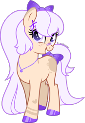 Size: 2781x4000 | Tagged: safe, artist:limedazzle, oc, oc only, earth pony, pony, bandaid, bandaid on nose, bow, colored hooves, earth pony oc, female, full body, grin, hair bow, high res, hoof polish, hooves, jewelry, mare, necklace, show accurate, signature, simple background, smiling, solo, standing, tail, tail bow, transparent background