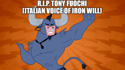 Size: 888x499 | Tagged: safe, edit, edited screencap, screencap, iron will, minotaur, g4, putting your hoof down, season 2, caption, eyes closed, gritted teeth, image macro, in memoriam, male, rest in peace, solo, text, tony fuochi, voice actor