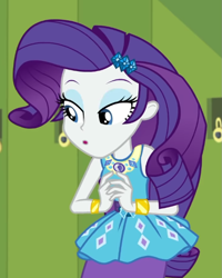 Size: 745x932 | Tagged: safe, screencap, rarity, equestria girls, equestria girls specials, g4, my little pony equestria girls: better together, my little pony equestria girls: holidays unwrapped, o come all ye squashful, bracelet, canterlot high, cropped, female, geode of shielding, jewelry, lockers, magical geodes, rarity peplum dress, solo