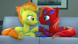 Size: 1920x1080 | Tagged: safe, artist:midnightdanny, spitfire, oc, oc:light fire, pegasus, pony, g4, 3d, couple, looking at each other, looking at someone, source filmmaker