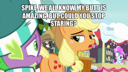 Size: 800x450 | Tagged: safe, edit, edited screencap, screencap, applejack, burnt oak, cotton sky, spike, dragon, earth pony, pegasus, pony, g4, my little pony best gift ever, applebutt, butt, caption, clothes, facial hair, female, hat, image macro, looking back, makeameme.org, male, mare, moustache, open mouth, plot, scarf, ship:applespike, shipping, smiling, snow, stallion, straight, striped scarf, text, unamused, winter outfit