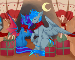 Size: 2500x2000 | Tagged: safe, artist:欲竹, oc, oc:leaf blade, unnamed oc, bat pony, pegasus, pony, bat pony oc, clothes, crescent moon, female, high res, male, moon, scarf, shared clothing, shared scarf, straight