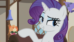 Size: 1920x1080 | Tagged: safe, screencap, rarity, pony, unicorn, g4, it isn't the mane thing about you, season 7, female, grin, hooves, horn, lidded eyes, mare, raised eyebrow, raised hoof, smiling, solo