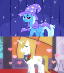 Size: 1280x1440 | Tagged: safe, edit, edited screencap, screencap, prince blueblood, trixie, pony, unicorn, boast busters, g4, the best night ever, cape, clothes, female, hat, heart, male, mare, ship:bluetrix, shipping, shipping domino, sparkles, stallion, straight, trixie's cape, trixie's hat