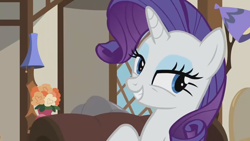 Size: 1920x1080 | Tagged: safe, screencap, rarity, pony, unicorn, g4, it isn't the mane thing about you, season 7, eyelashes, female, grin, horn, lidded eyes, mare, smiling, solo