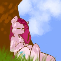 Size: 768x768 | Tagged: safe, artist:metaruscarlet, pinkie pie, earth pony, pony, g4, eyes closed, female, grass, mare, nap, pinkamena diane pie, sleeping, solo, tree