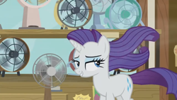 Size: 1920x1080 | Tagged: safe, screencap, rarity, pony, unicorn, g4, it isn't the mane thing about you, season 7, fan, female, grin, horn, lidded eyes, mare, smiling, solo, standing, windswept mane