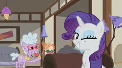 Size: 1920x1080 | Tagged: safe, screencap, chelsea porcelain, rarity, earth pony, pony, unicorn, g4, it isn't the mane thing about you, season 7, bits, female, grin, hoof hold, horn, indoors, mare, mouth hold, one eye closed, smiling, wink