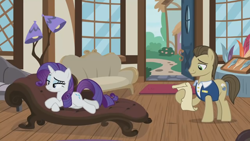 Size: 1920x1080 | Tagged: safe, screencap, davenport, rarity, earth pony, pony, unicorn, g4, it isn't the mane thing about you, season 7, female, hoof hold, hooves, horn, indoors, lidded eyes, lying down, male, mare, on side, raised eyebrow, shadow, smiling, stallion, standing