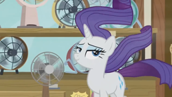 Size: 1920x1080 | Tagged: safe, screencap, rarity, pony, unicorn, g4, it isn't the mane thing about you, season 7, fan, female, horn, lidded eyes, mare, smiling, solo, standing, tail, windswept mane