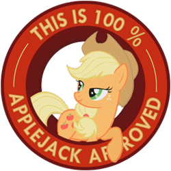 Size: 269x269 | Tagged: safe, artist:ambris, applejack, earth pony, pony, g4, approval, approved, bedroom eyes, cutie mark, female, hat, leaning, reaction image, seal of approval, simple background, smiling, solo, text, transparent background