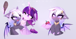 Size: 3666x1925 | Tagged: source needed, safe, artist:magnaluna, oc, oc only, bat pony, pony, unicorn, apple, chest fluff, club, comic, cross-popping veins, duo, exclamation point, floppy ears, food, grumpy, magic, oc name needed, stick, swelling, telekinesis, weapon