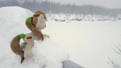 Size: 2048x1152 | Tagged: safe, photographer:pakapaka1993, pony, irl, japan, lake, photo, plushie, snow, snowfall, solo, winter