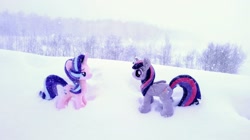 Size: 2048x1148 | Tagged: safe, photographer:pakapaka1993, starlight glimmer, twilight sparkle, alicorn, pony, unicorn, g4, duo, irl, japan, photo, plushie, snow, snowfall, twilight sparkle (alicorn), winter