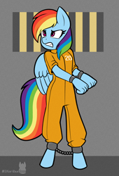 Size: 1200x1763 | Tagged: safe, artist:ikaribunbun, rainbow dash, pegasus, anthro, unguligrade anthro, g4, clothes, commission, commissioner:rainbowdash69, cuffs, female, gritted teeth, never doubt rainbowdash69's involvement, prison outfit, prisoner rd, signature, solo, standing, tail, wings