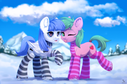 Size: 2000x1330 | Tagged: safe, artist:dinoalpaka, oc, oc only, oc:pine berry, oc:snow pup, earth pony, pegasus, pony, clothes, ear fluff, female, mare, open mouth, patreon, patreon reward, scarf, socks, stockings, striped socks, thigh highs, tongue out, wings, winter