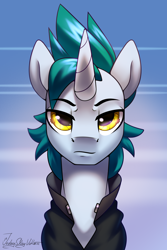 Size: 2000x3000 | Tagged: safe, artist:jedayskayvoker, oc, oc:cyreni, cyborg, pony, unicorn, bust, clothes, cyber eyes, high res, horn, icon, looking at you, male, patreon, patreon reward, portrait, solo, stallion, unicorn oc