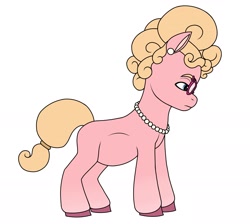 Size: 2285x2048 | Tagged: safe, artist:dancingkinfiend, phyllis cloverleaf, earth pony, pony, g5, my little pony: a new generation, adoraphyllis, belly, big belly, blonde, blonde hair, blonde mane, blue eyes, coat markings, curly hair, curly mane, ear piercing, earring, female, full body, glasses, hairband, high res, hooves, jewelry, lidded eyes, mare, necklace, pearl necklace, piercing, pink fur, preglis cloverleaf, pregnant, side view, simple background, solo, standing, tail, white background