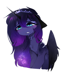 Size: 2434x2663 | Tagged: source needed, safe, artist:magnaluna, princess luna, alicorn, pony, crying, ethereal mane, female, floppy ears, jewelry, necklace, sad, simple background, solo, tiara, white background
