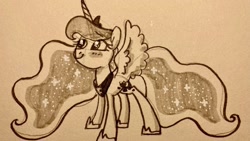 Size: 1280x722 | Tagged: safe, artist:kluzart, princess luna, pony, g4, monochrome, solo, traditional art