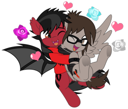 Size: 5859x5000 | Tagged: safe, artist:jhayarr23, bat pony, pegasus, pony, undead, zombie, bat wings, bone, clothes, commission, dock, duo, duo male, ear fluff, fall out boy, fangs, from behind, gay, glasses, happy, hoodie, hug, jewelry, long sleeves, male, mikey way, my chemical romance, necklace, one eye closed, open mouth, pete wentz, ponified, shipping, shirt, simple background, spread wings, t-shirt, tail, tattoo, transparent background, underhoof, wings, wristband, ych result
