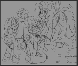 Size: 657x559 | Tagged: safe, artist:brainiac, pinkie pie, oc, oc:heccin pepperino, oc:rio grande, earth pony, kirin, pony, g4, brainiacs sketchbook (set), bursting out of a cake, female, firefighter, male, mare, sketch, stallion