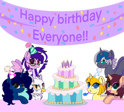 Size: 2642x2404 | Tagged: safe, artist:kb-gamerartist, oc, oc only, oc:chloe adore, oc:elizabat stormfeather, oc:gerbera, oc:midnight, oc:rain sunburst, oc:tippy toes, alicorn, bat pony, bat pony alicorn, hippogriff, pegasus, pony, unicorn, alicorn oc, banner, bat pony oc, bat wings, birthday cake, cake, candle, choker, clothes, cute, ear piercing, earring, eyeshadow, fangs, female, flying, food, grin, hat, high res, hippogriff oc, horn, jewelry, lipstick, makeup, mare, multicolored hair, party hat, party horn, piercing, plate, purple eyeshadow, purple lipstick, scarf, simple background, smiling, sunglasses, transparent background, wings