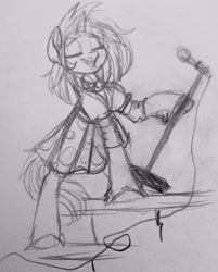Size: 2311x2879 | Tagged: safe, artist:brainiac, oc, oc:velvet remedy, pony, unicorn, fallout equestria, brainiacs sketchbook (set), female, high res, mare, microphone, microphone stand, sketch, solo, traditional art