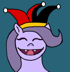 Size: 564x583 | Tagged: safe, artist:houndy, oc, oc only, bust, hat, jester hat, sharp teeth, simple background, teeth