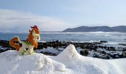 Size: 2048x1205 | Tagged: safe, photographer:pakapaka1993, autumn blaze, kirin, pony, g4, irl, japan, ocean, photo, plushie, snow, solo, water, winter