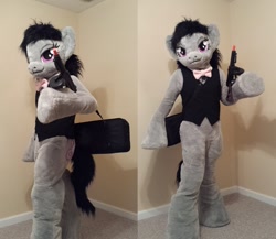 Size: 1024x888 | Tagged: safe, artist:atalonthedeer, octavia melody, earth pony, human, g4, bag, bedroom eyes, bowtie, female, fursuit, gangster, gun, hooves, irl, irl human, photo, ponysuit, raised hoof, satchel, smiling, solo, tail, tommy gun, waistcoat