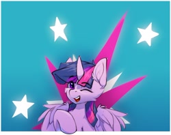 Size: 1280x1013 | Tagged: safe, artist:n_thing, twilight sparkle, alicorn, pony, bust, cutie mark, cutie mark background, ear fluff, eye clipping through hair, eyebrows, eyebrows visible through hair, eyelashes, female, horn, looking at you, mare, one eye closed, open mouth, open smile, out of frame, partially open wings, smiling, smiling at you, solo, teeth, twilight sparkle (alicorn), wings, wink, winking at you