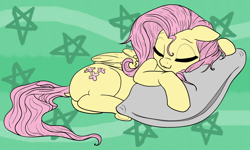 Size: 1280x768 | Tagged: safe, artist:fidzfox, artist:imlpidimon, fluttershy, pegasus, pony, g4, abstract background, cute, eyes closed, female, floppy ears, folded wings, lying down, mare, nap, on side, pillow, shyabetes, sleeping, solo, stray strand, trace, wings